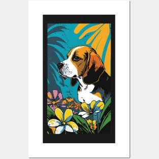 Beagle Dog Vibrant Tropical Flower Tall Retro Vintage Digital Pop Art Portrait 3 Posters and Art